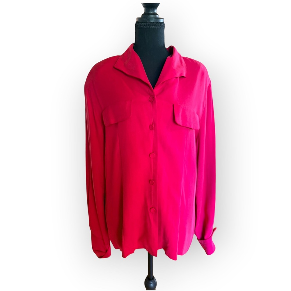 Vintage Red Silk Button Up Shirt 100% Silk Blouse 90s Officecore Minimalist L/XL